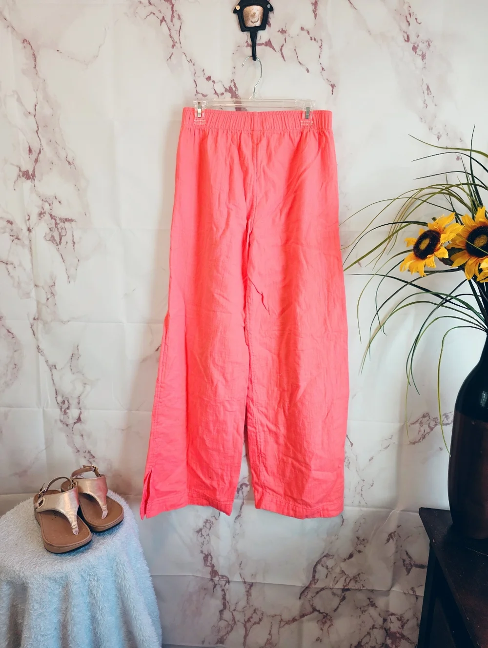 Old Navy Wide Leg Pants Tall Coral Linen Blend Elastic Waist Side Slit S - Picture 4 of 6